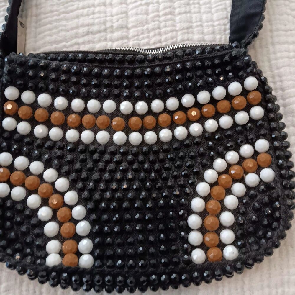 70'S Black Retro Fully Beaded  Mini Shoulder Bag Evening Boho Purse Vintage Wear